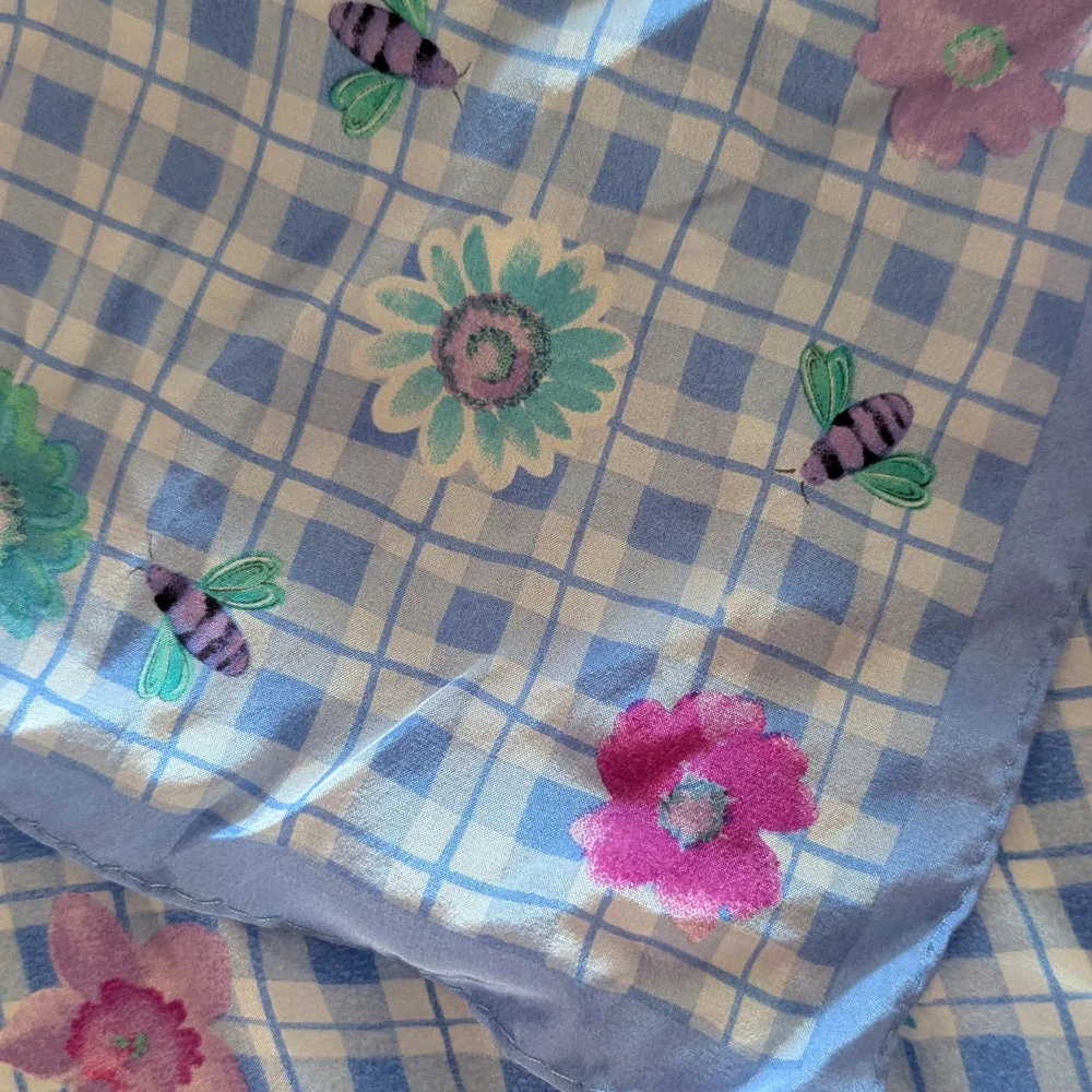 Vintage 80s Elaine Gold Silk Floral Blue Checkered Scarf Cottagecore Boho